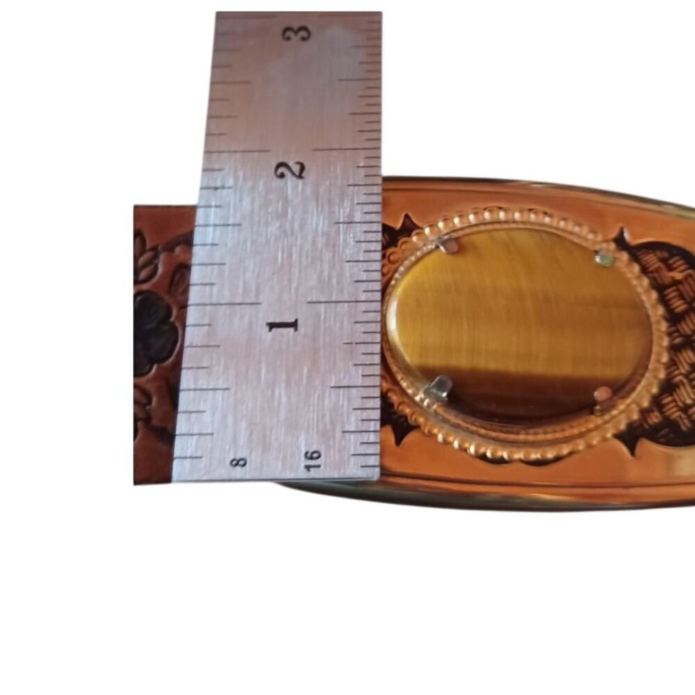 VTG Men's Double J Western Tooled Leather Belt Ornate Tiger's Eye Stone Buckle - Picture 8 of 8